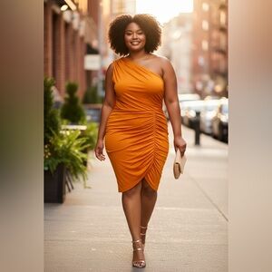 One shoulder orange twist dress